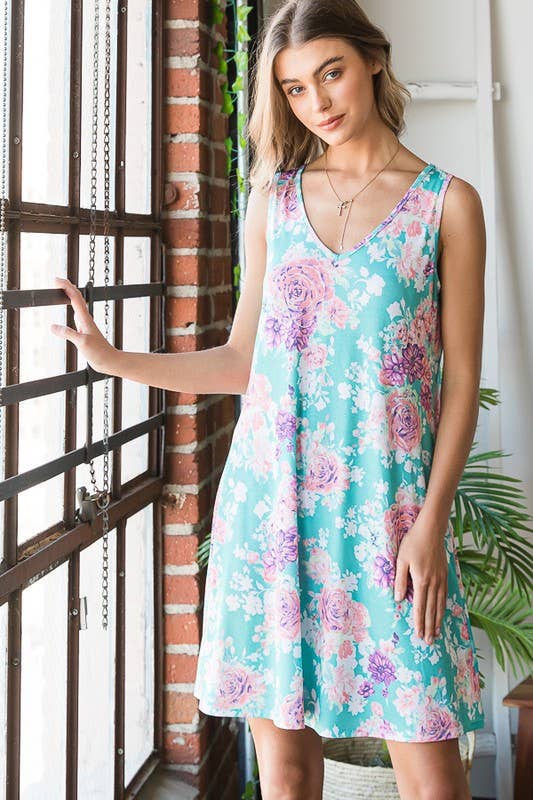 Turquoise Floral Sleeveless Dress