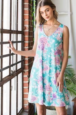 Turquoise Floral Sleeveless Dress