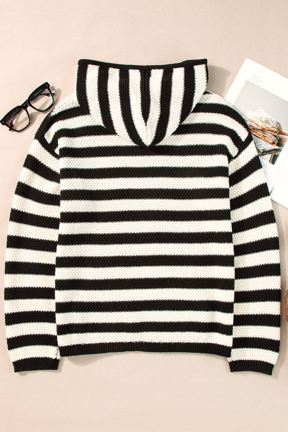 Stripe Drawstring Hooded V-Neck Sweater: White Stripe