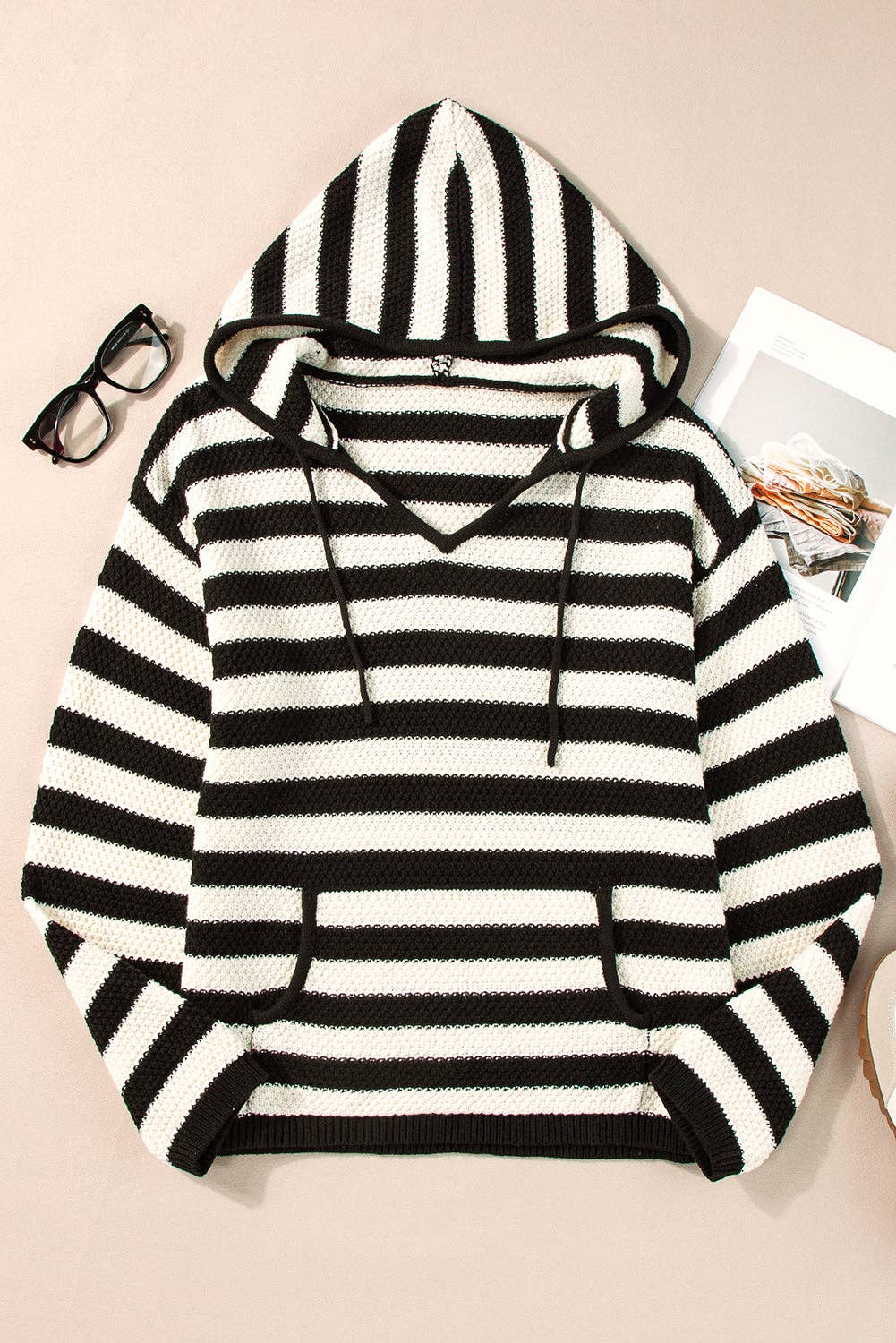 Stripe Drawstring Hooded V-Neck Sweater: White Stripe