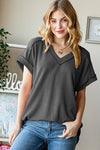 Waffle-Knit V-Neck Tee – Dark Gray