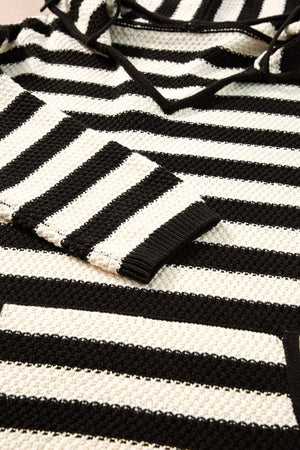 Stripe Drawstring Hooded V-Neck Sweater: White Stripe