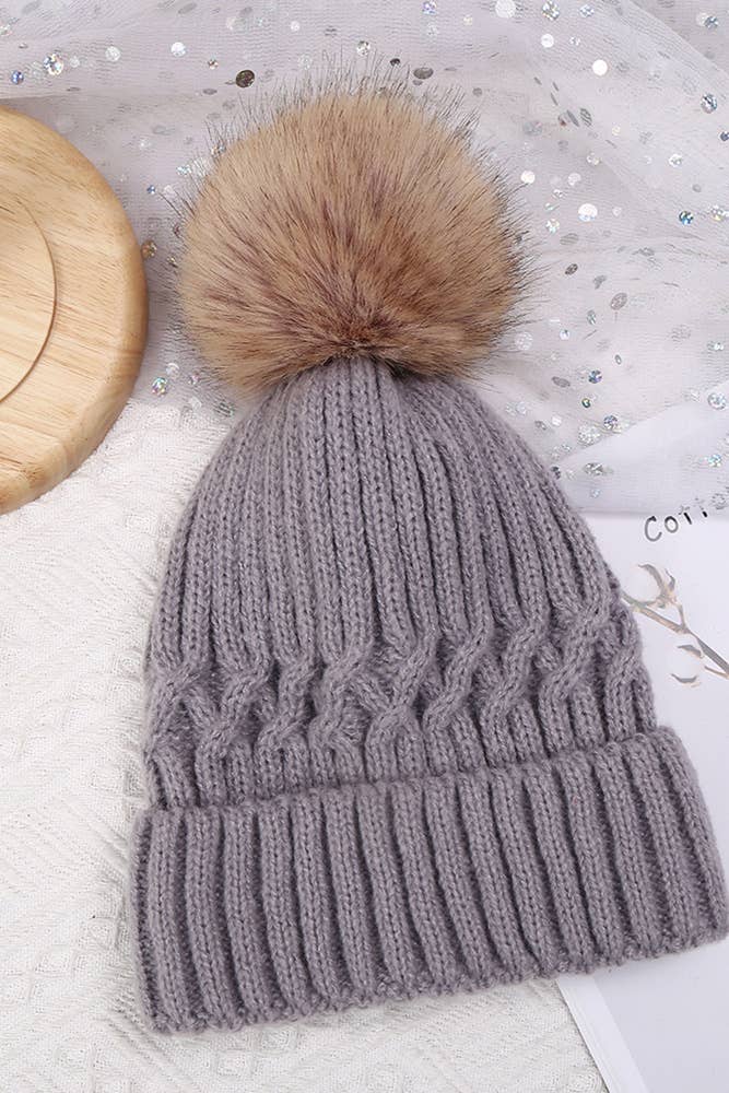 Fleece Cable Knitting Beanie Gray / One Size