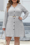 V Neck Buttoned Rib Plus Size Dress Grey