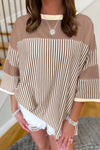 Khaki Stripe Patchwork Bracelet Sleeve Plus Size T Shirt: Khaki Stripe / 95%Cotton+5%Elastane / 2X