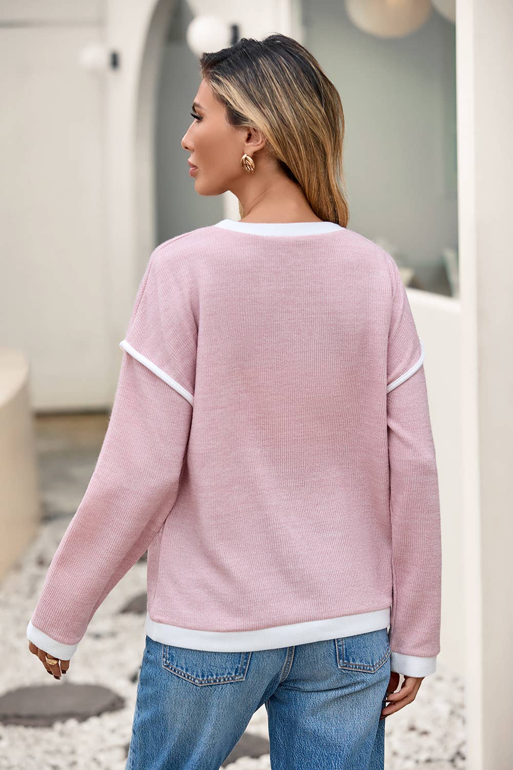 Contrast Color Trim Drop Shoulder Loose Top