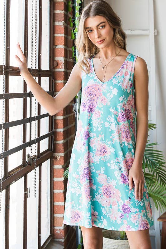 Turquoise Floral Sleeveless Dress