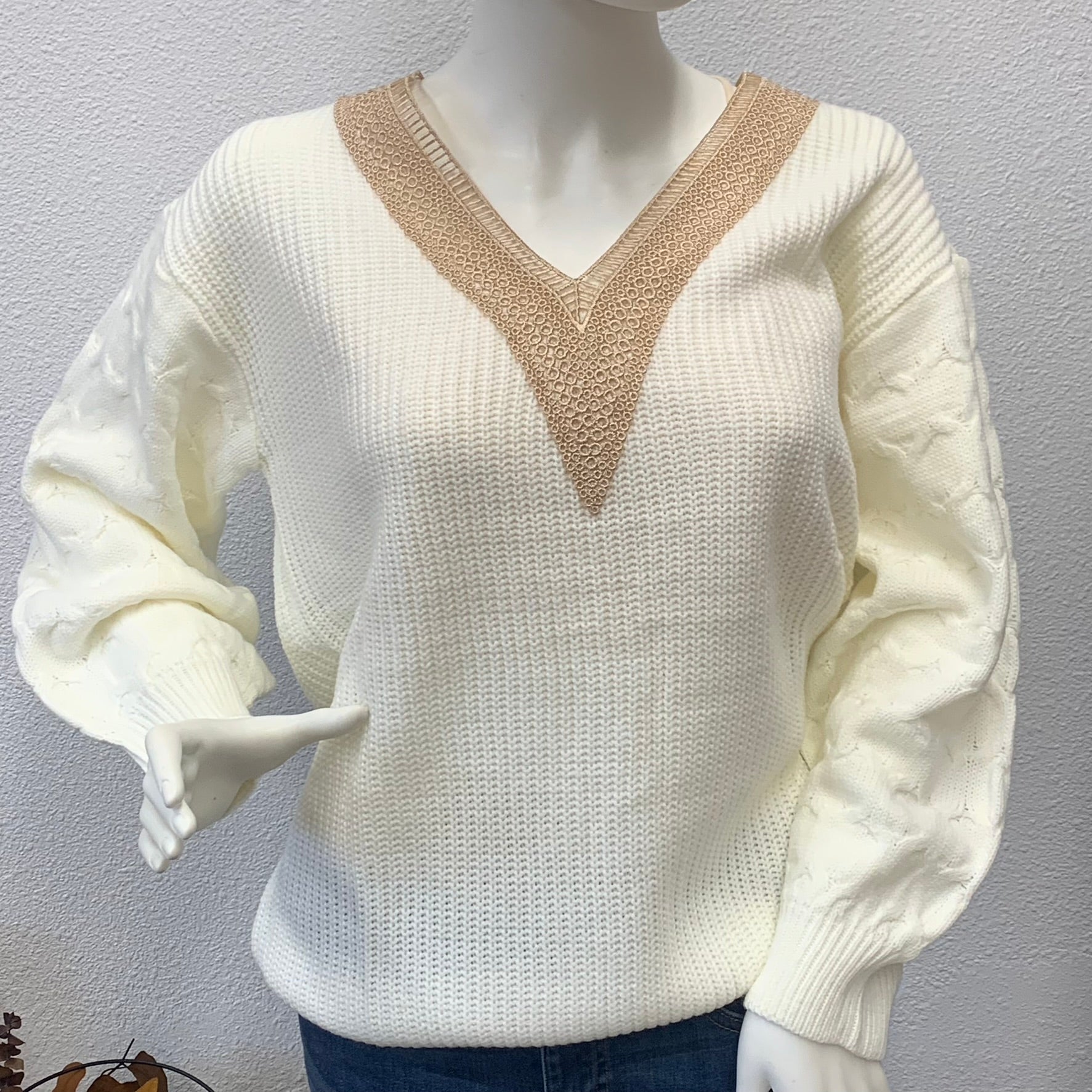 Cable Lace V Neck Sweater
