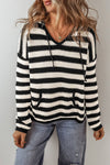 Stripe Drawstring Hooded V-Neck Sweater: White Stripe