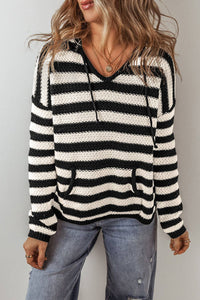 Stripe Drawstring Hooded V-Neck Sweater: White Stripe