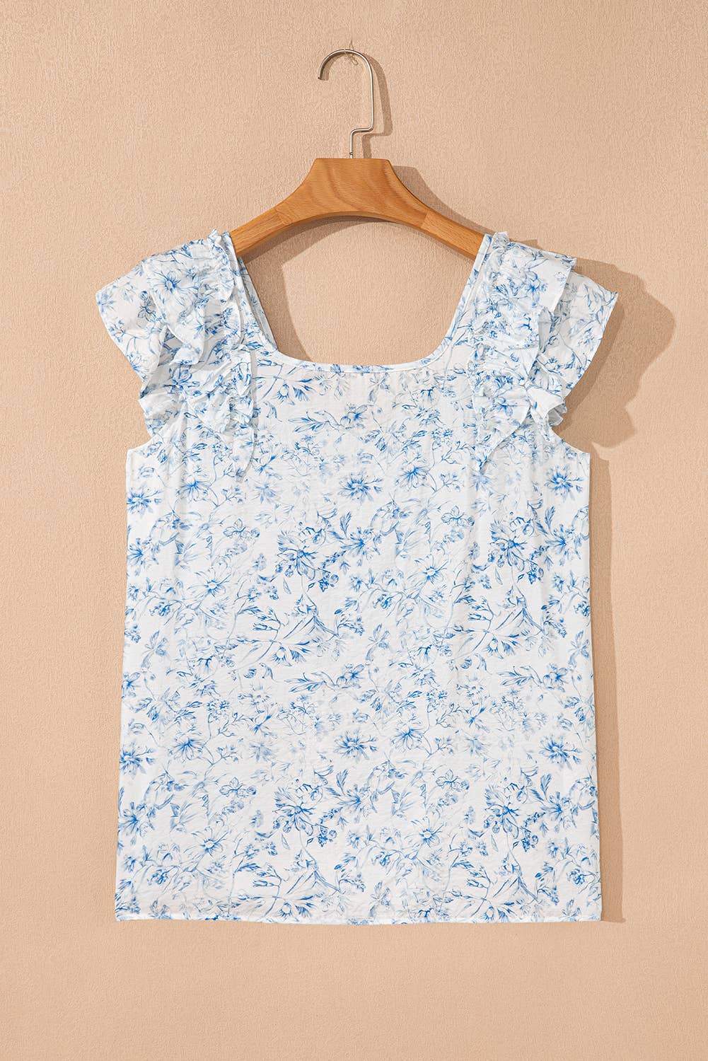 Floral Ruffled Short Sleeve Square Neck Bow Back Blouse: Sky Blue