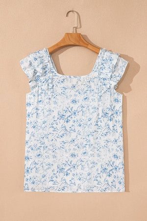 Floral Ruffled Short Sleeve Square Neck Bow Back Blouse: Sky Blue