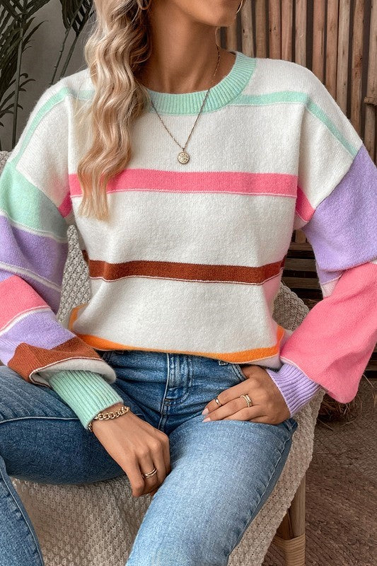 Striped Colorblock Drop Shoulder Sweater