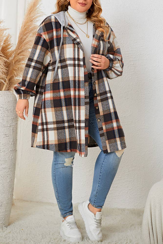 Hooded Plaid Shacket Coat