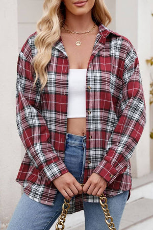 Dravon Boyfriend Plaid shirt jacket Shacket: Burgundy / XL