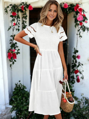 Solid Color Hallow Eyelet Sleeve Tier Midi Dress: White