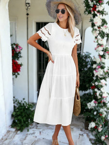 Solid Color Hallow Eyelet Sleeve Tier Midi Dress: White