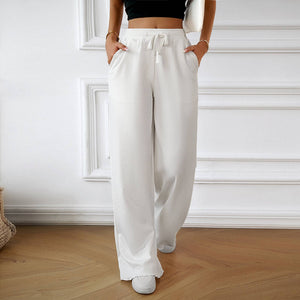 Elastic Waistband Casual Wide Leg Pants: White