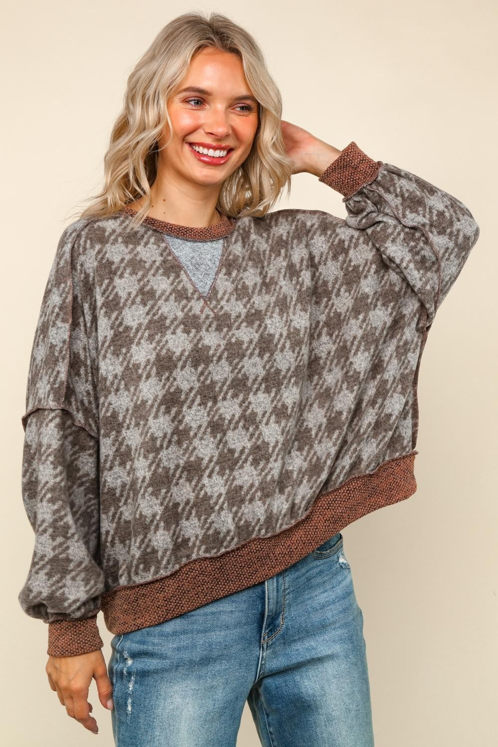 Color‑Block Houndstooth Knit Sweater