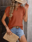 Solid Color Crewneck Short-Sleeve Sweater with Pocket Trim: Caramel / Acrylic 70% + 30% nylon / S