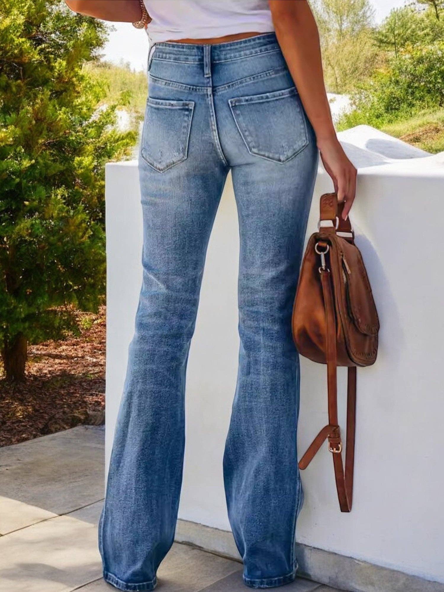 Women's High Waist Flare Jeans with Light Distressing and Classic Fit: Blue