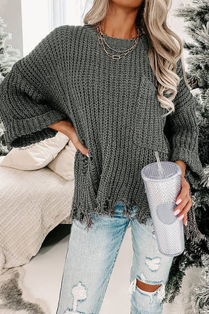 Distressed Pocketed Chunky Pullover Sweater: Grey