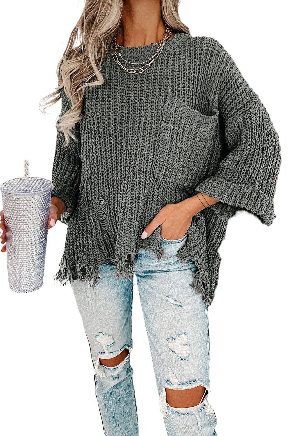 Distressed Pocketed Chunky Pullover Sweater: Grey