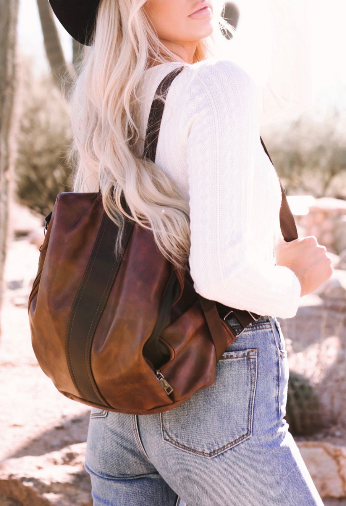 Brown leather backpack