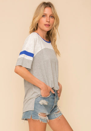 Blue grey and white color block tee