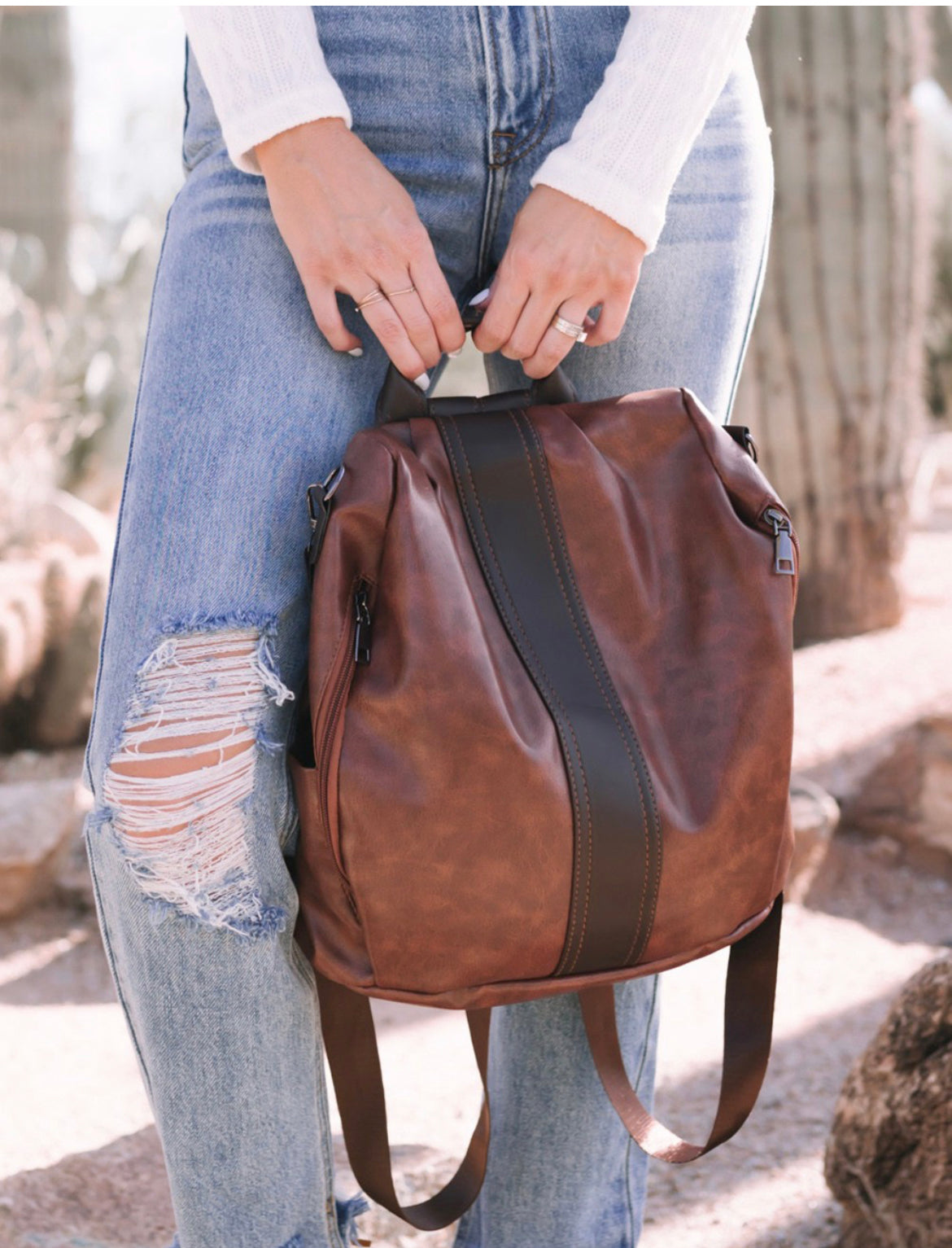 Brown leather backpack