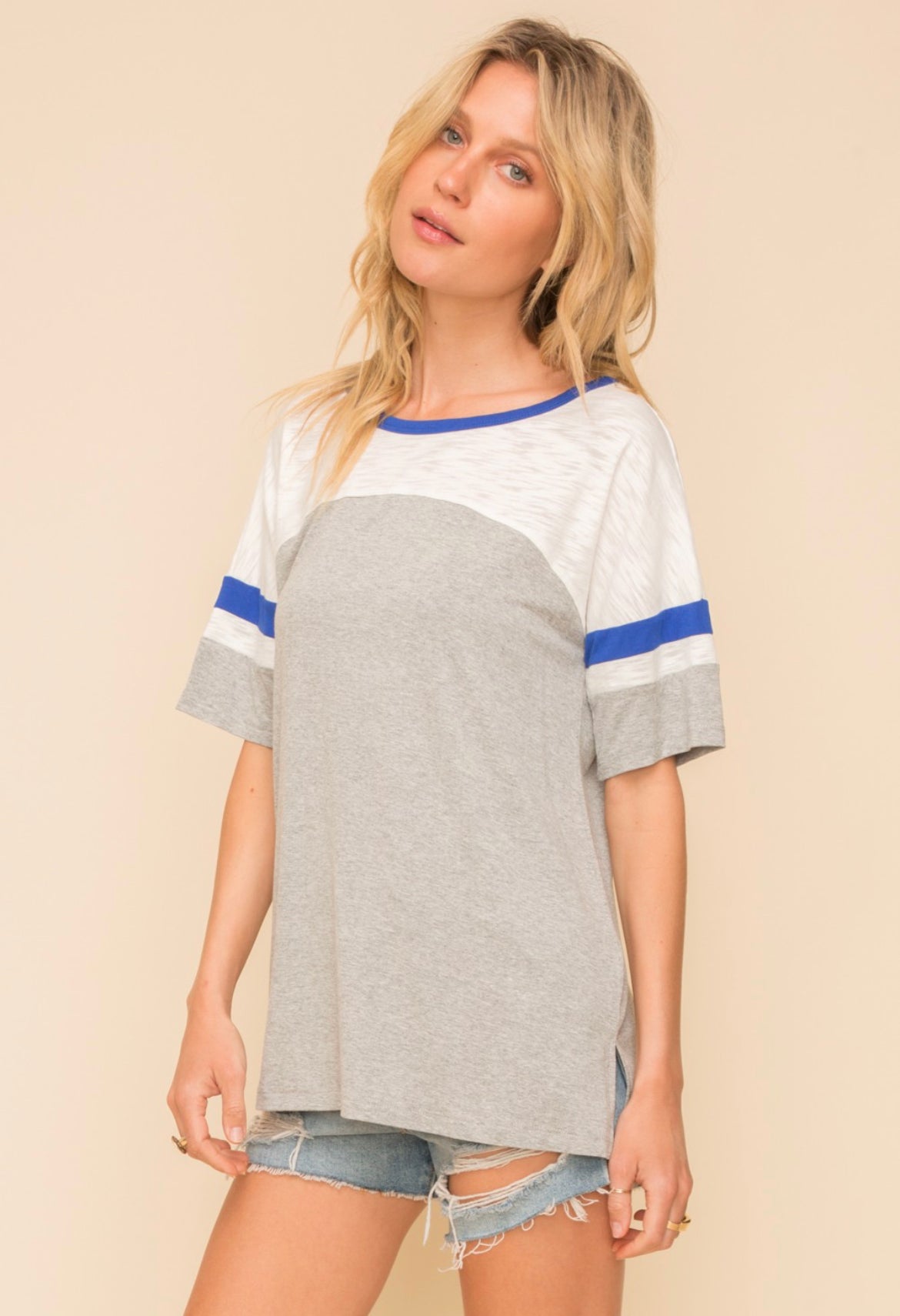 Blue grey and white color block tee