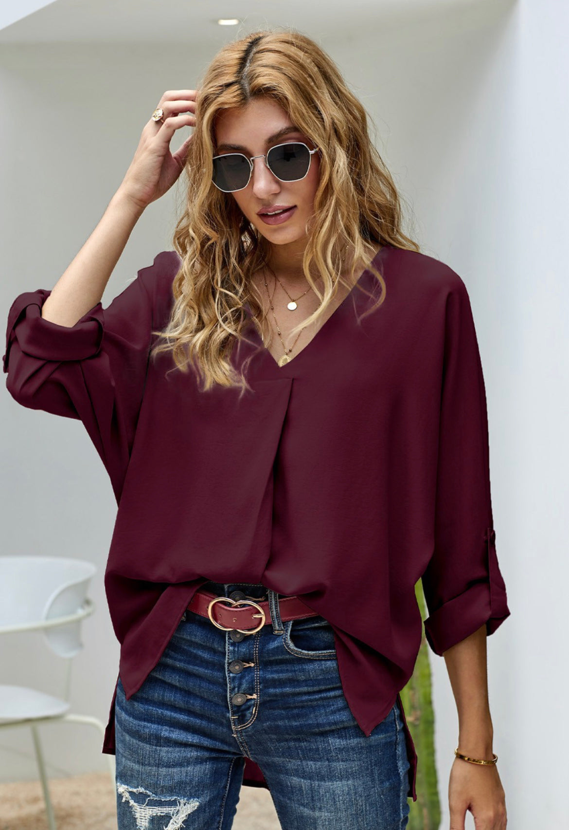 3/4 sleeve red blouse