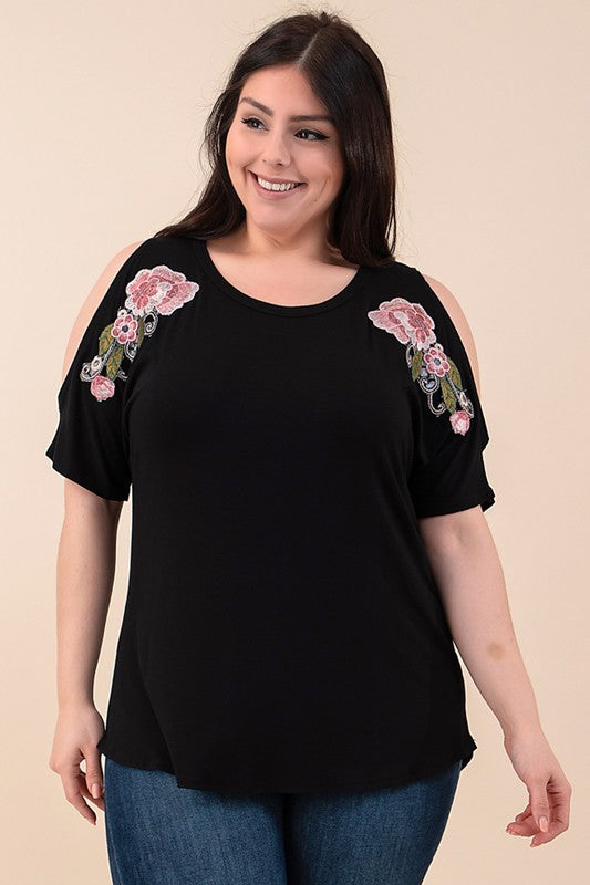 Black Flower Patch Cold Shoulder Dolman