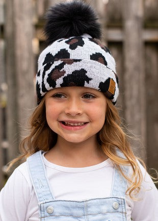 Kids White Leopard Beanie