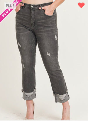 Dark Grey Frayed Cuff Straight Risen Jeans