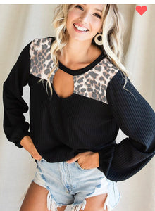 “Shelly” Black Waffle Knit Cheetah Cut Out